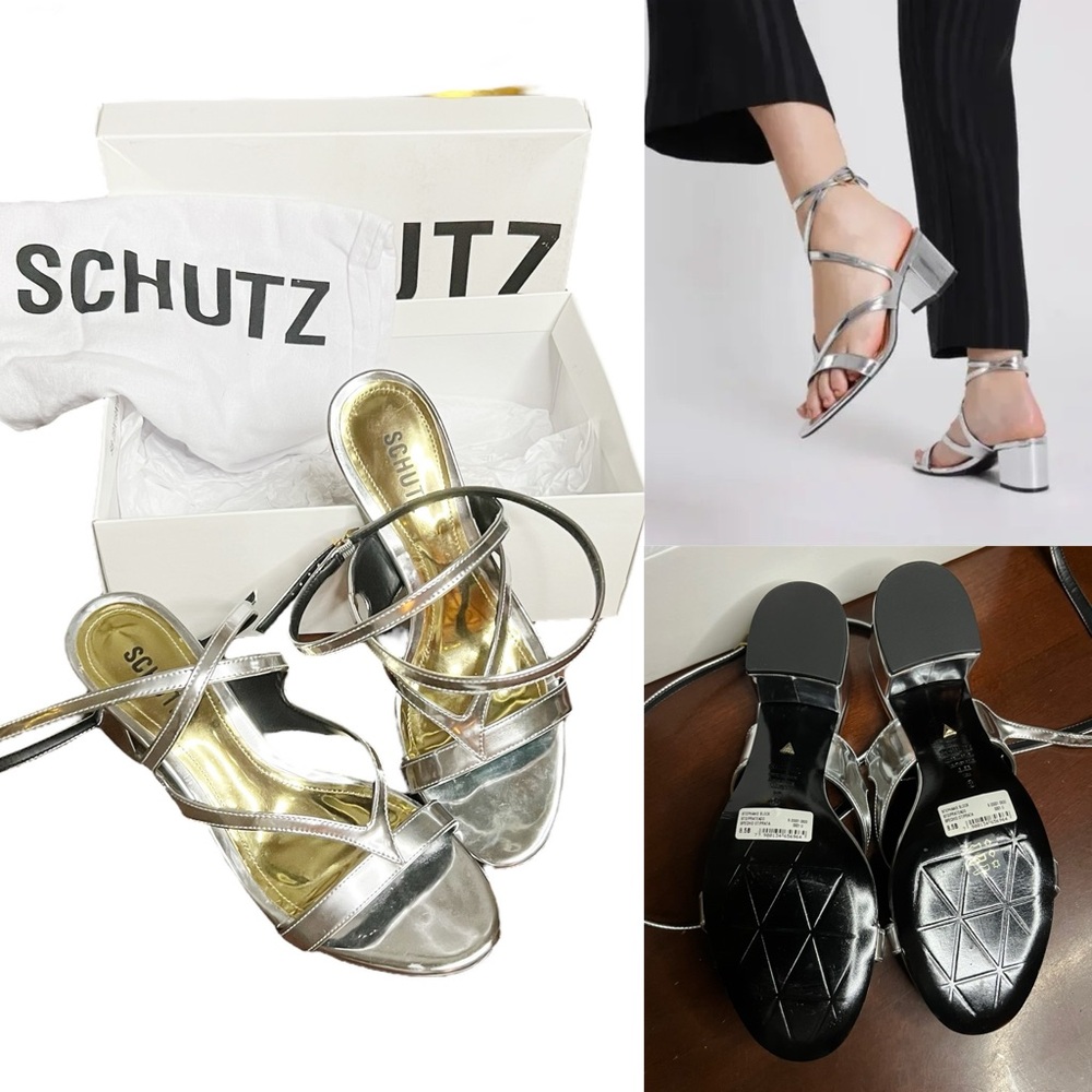 NWT SCHUTZ Stephanie Block Heels Strappy Women's Sandals Spechio Metallic Silver